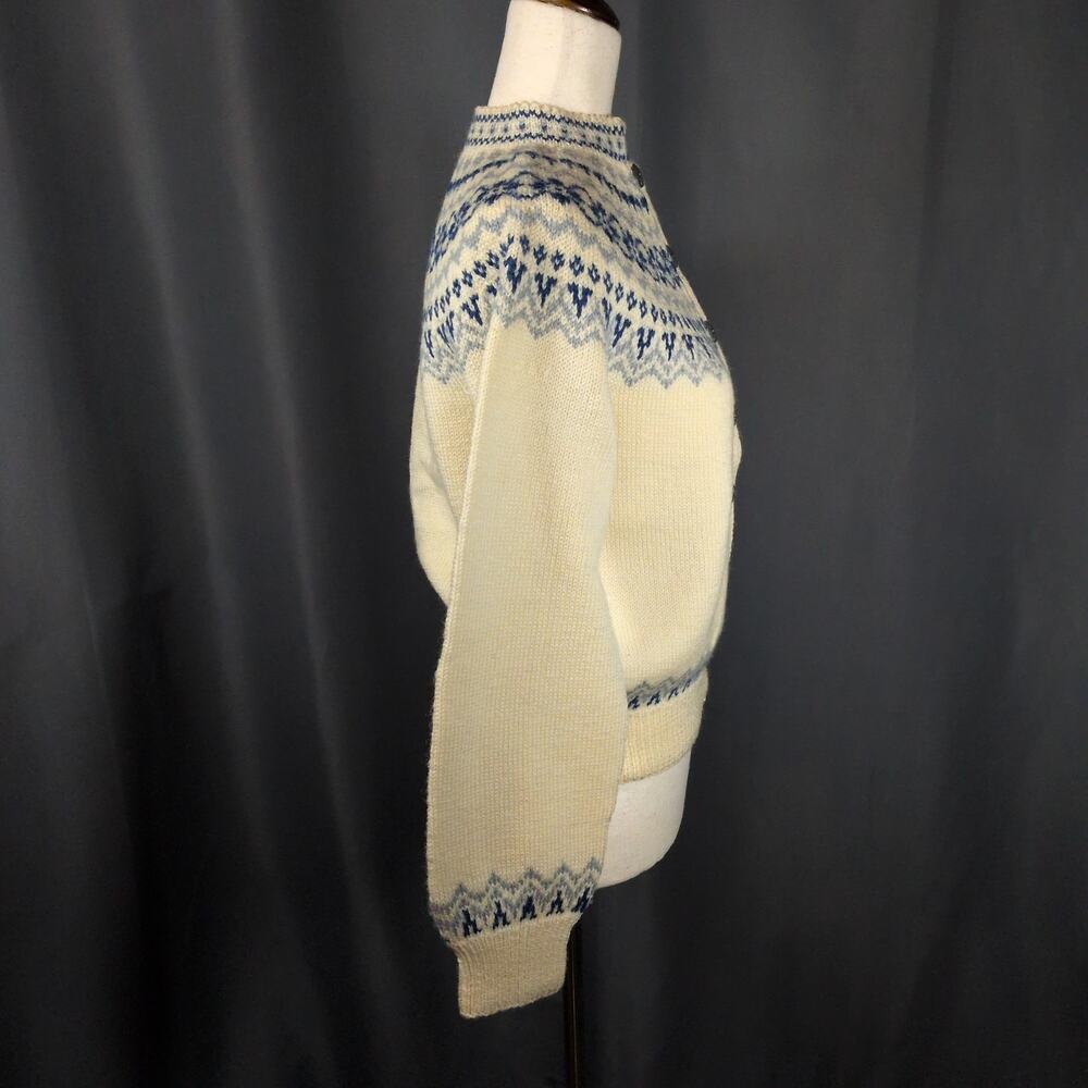 VTG Tronderstua Norway Handmade Wool Knit Fair Isle Cardigan Sweater Blue Ivory - Picture 3 of 6